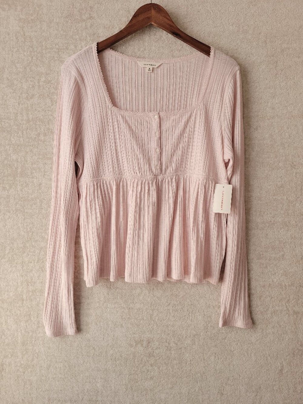 Lucky Brand Embroidered Peplum Top XL Sepia Rose Long Sleeve Babydoll NWT